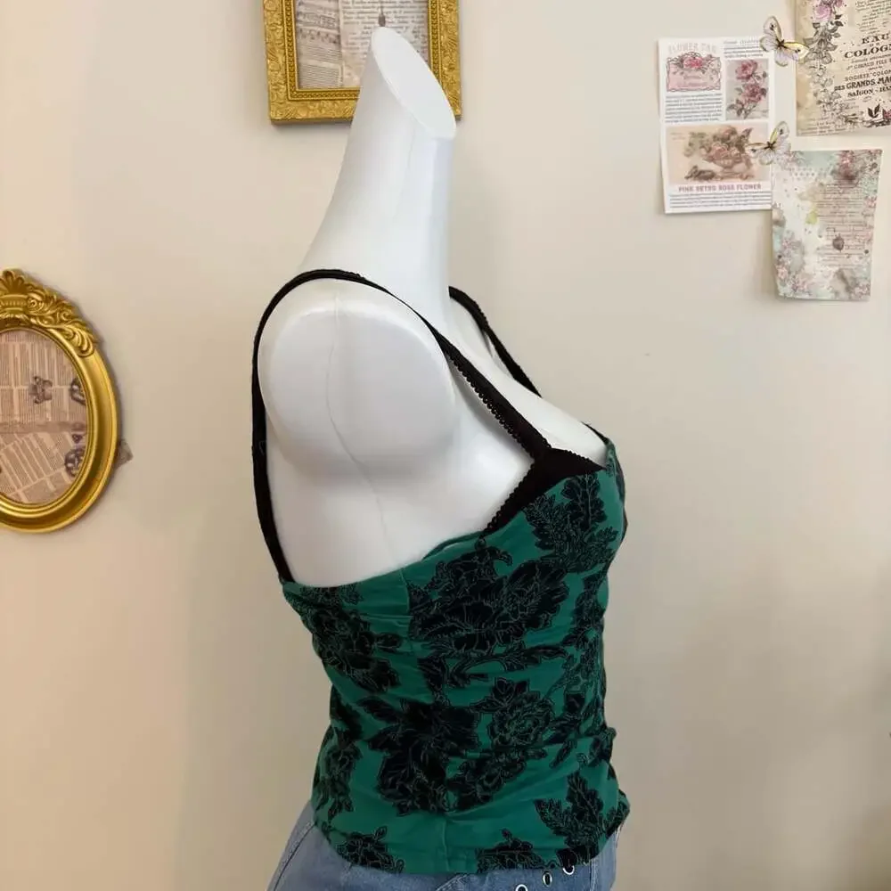 Free People Camisole Size XS Green Black Floral Print Tank Top